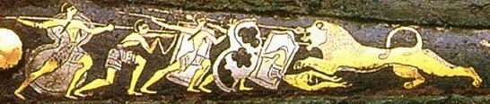Decoration  showing a lion hunt on a bronze age dagger from Pylos